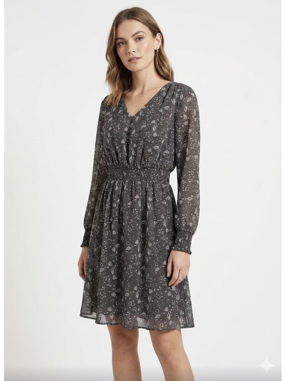Ann Taylor LOFT 4 Dress Black Gray White Floral Print Smocked Waist Cuff Career